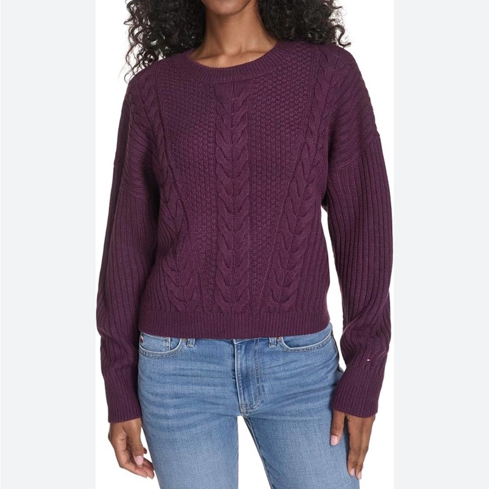 Tommy Hilfiger Plum Cable Knit Crewneck Sweater